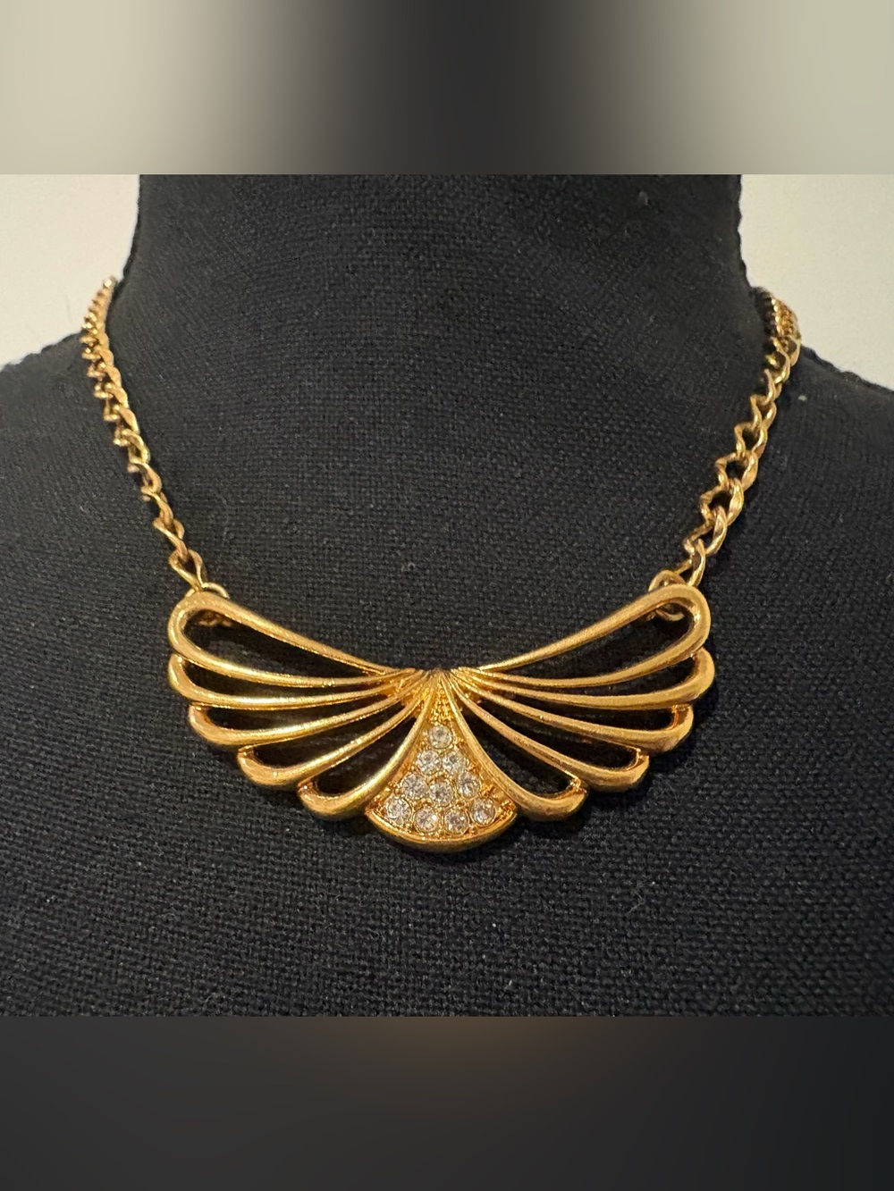 Gold Fan-Shaped Pendant Necklace with Clear Crystals - Women Jewelry